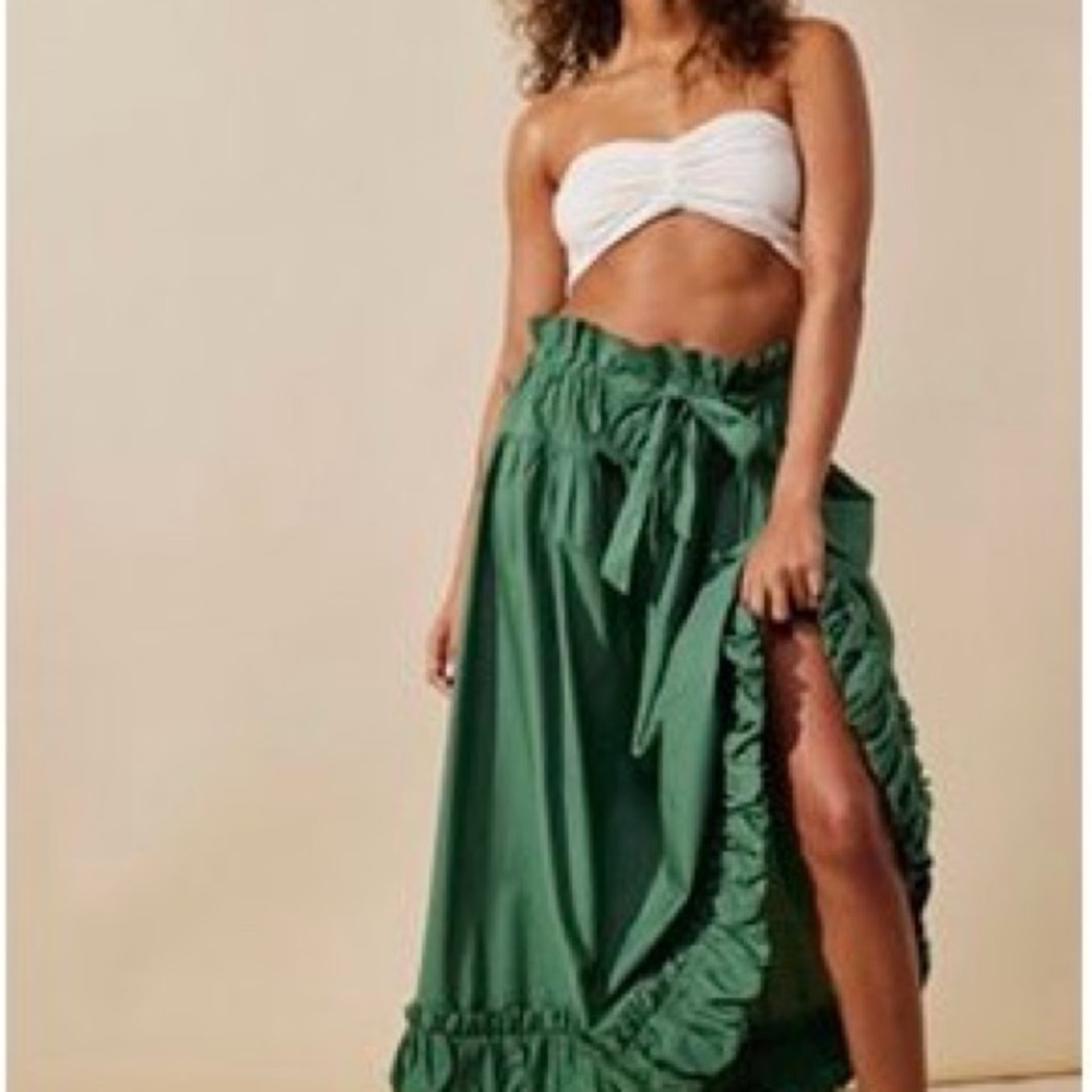 Free People Emerald Green Ruffle Tie-Waist Maxi Skirt